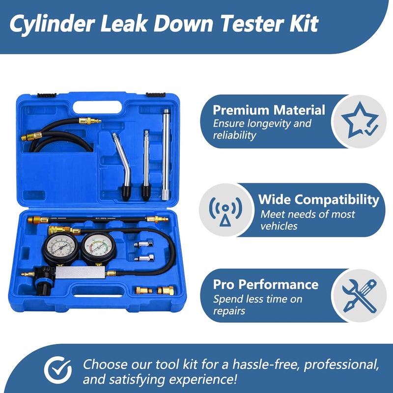 Bicos Dual Gauge Leakdown Detector Tool Set Cylinder Leak Down Tester Kit for Pressure Check & Leakage Rate Test Gasoline Engine Compression Leakdown Detector Leakage Test Set(Blue) - Image 5